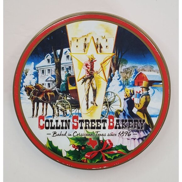 Collin Street Bakery Red Holiday Empty Tin 2.5" Tall x 8" Round Since 1896 - Picture 10 of 11